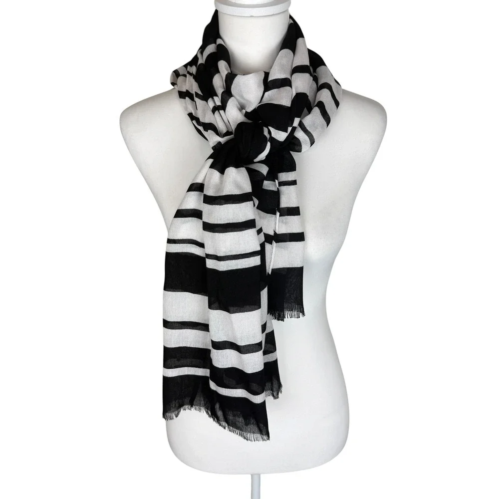 Kate Spade New York Scarf Black White‎ Striped Viscose Lightweight Wrap Shawl
